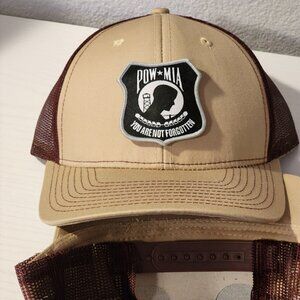 POW MIA Patched Khaki/Maroon Mesh Snapback Trucker Hat
